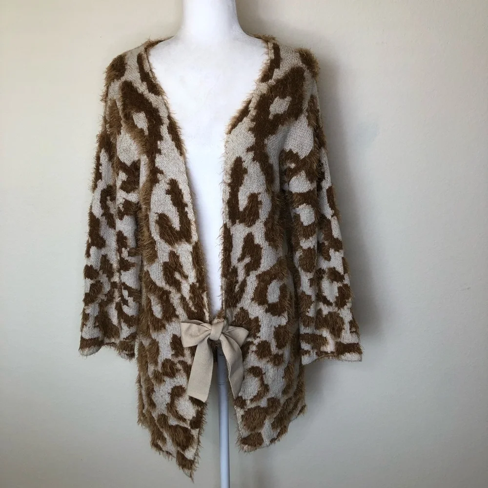 UNIQ Mocha Leopard Print Long Fluffy Textured Cardigan‎ S/M Cozy Lounge Wear
